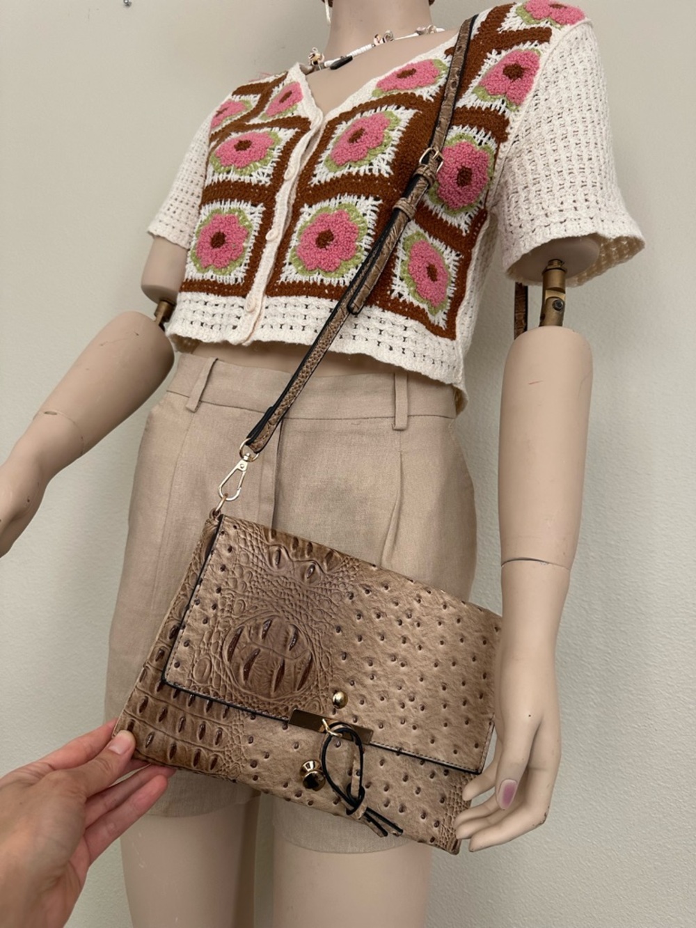 Taupe Ostrich-Embossed Crossbody Bag